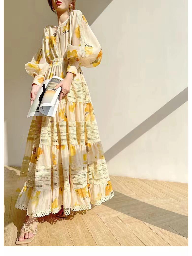 

2024 Австралийская весна модный комплект с круглым вырезом, рукавами-фонариками и длинной юбкой на эластичной талии Small