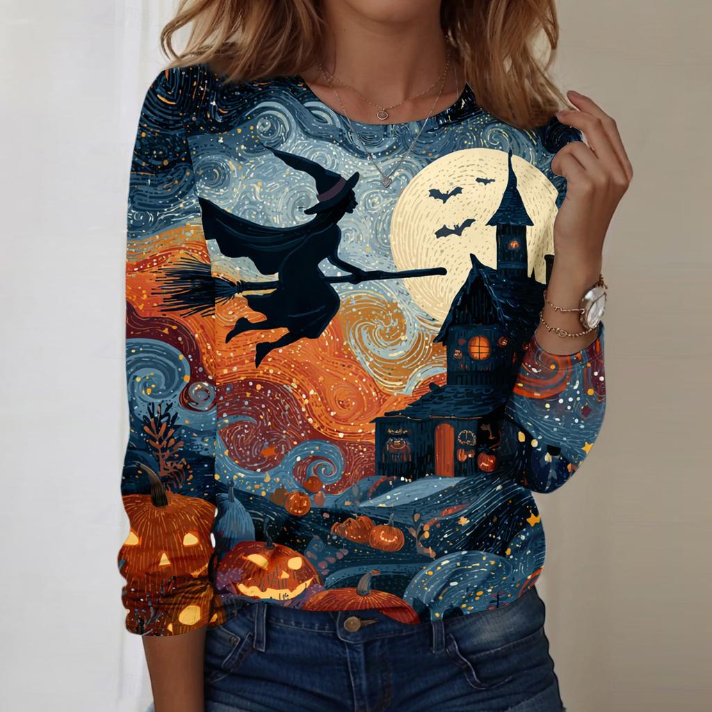 Women's Casual Long Sleeve Neck Top with Halloween Print