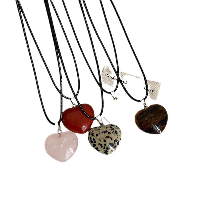 Natural Stone Heart Pendant Necklace - Black Cord, Women's Fashionable Choker for Commuting & Versatile Wear