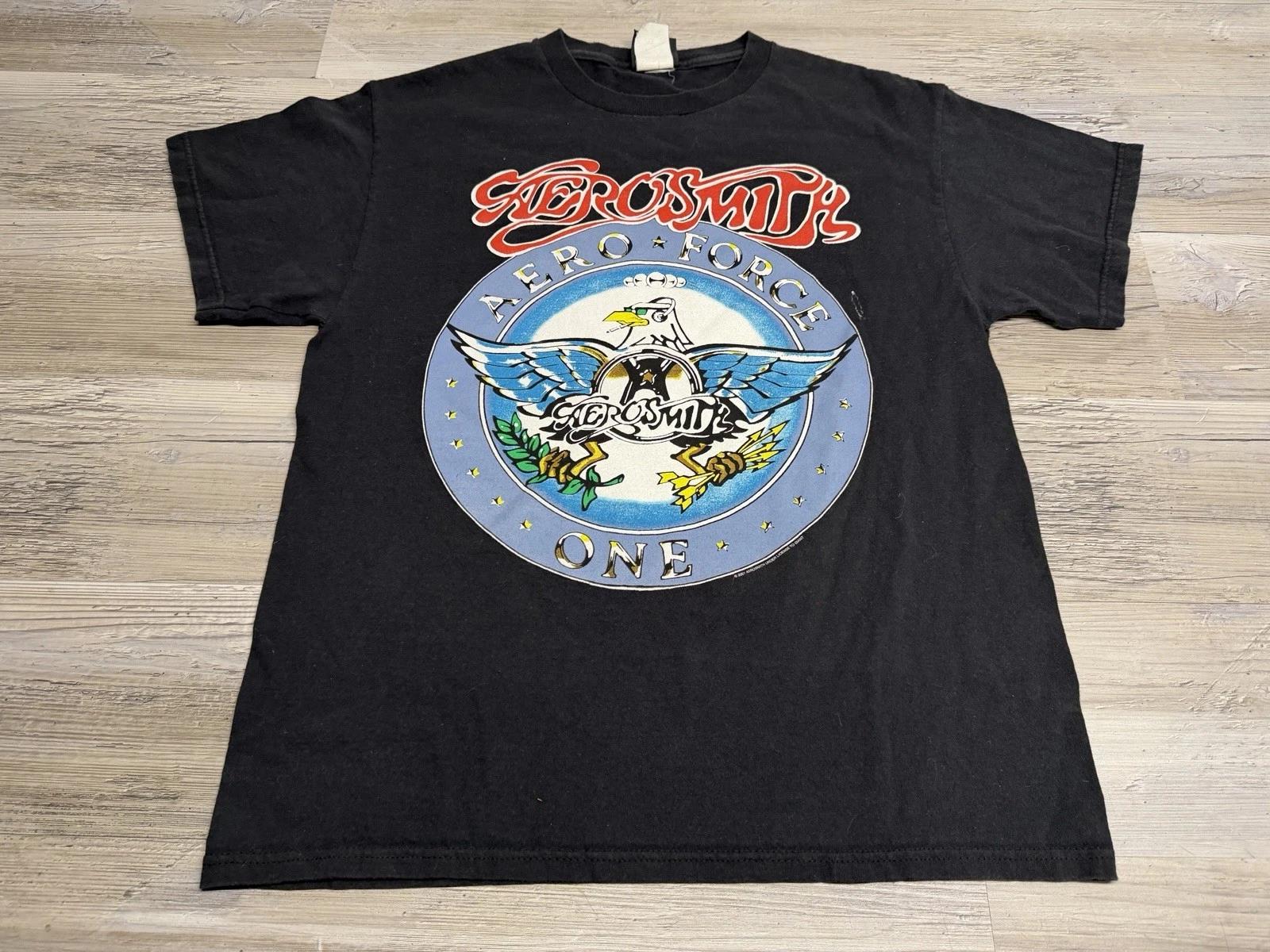 Vintage Aerosmith Shirt Mens Size Medium Black Aero Force One Rock Y2K Band Tee S