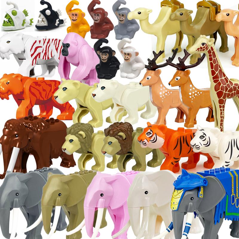 MOC Zwierzęta Zoo Klocki Słonie Tygrysy Słonie Małpy Łosie Niedźwiedzie Owce Wielbłąd Koń Krokodyl Lampart Mini Klocki DIY T11