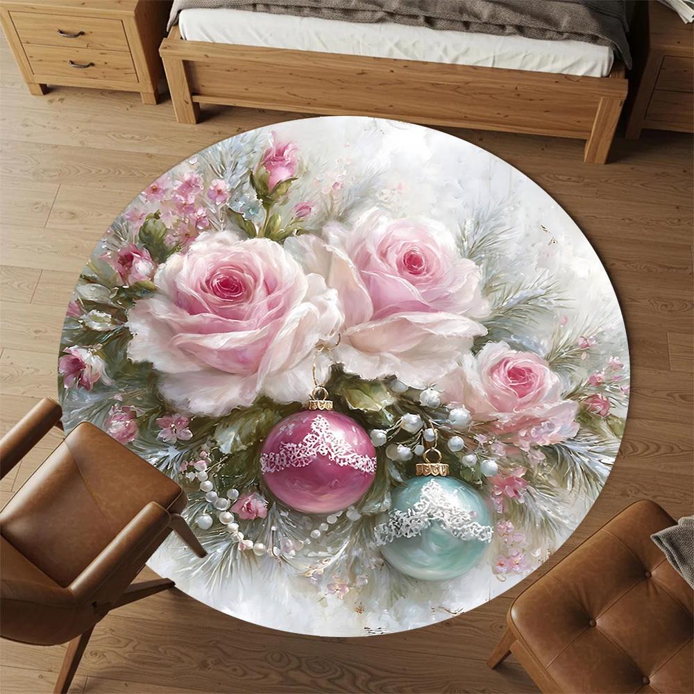 1pc Floral Christmas Ornaments Round Chair mat Area Rug - Non-Slip, Floor Mat for Office, Bedroom, and Indoor Decor -1002256