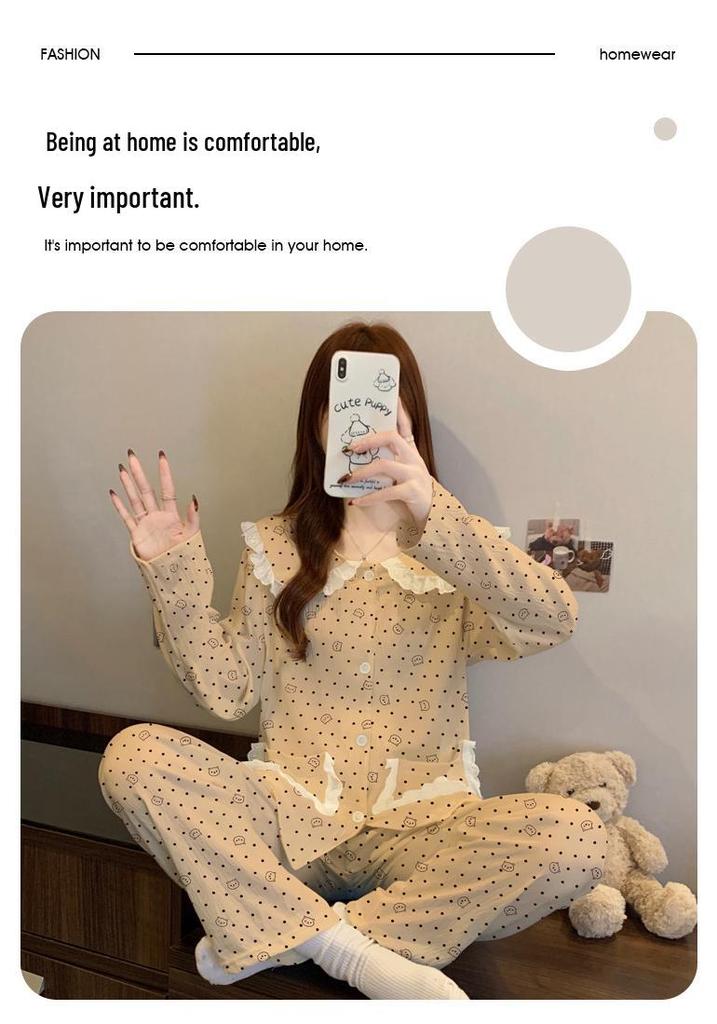 Pigiama in Cotone a Nuvole Pois - Set da Donna a Manica Lunga con Collo da Bambola per Primavera e Autunno