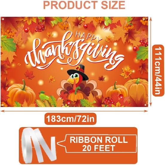 Thanksgiving Backdrop, Large Happy Thanksgiving Banner 72x44 Inch Turkey Maple Leaf Pumpkin Decorations Gifts for Indoor Home Photography Party