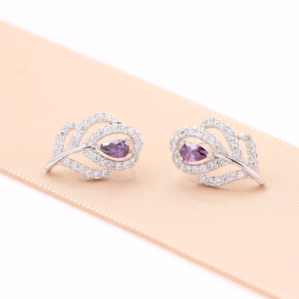 

Simple temperament Korean version stone-inlaid purple white feather earrings gold-plated versatile women s stud earrings niche