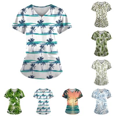 Hawaiian Top For Women Fashion Printed Short Sleeve V Neck Pattern Tops Pocket Working T-shirts