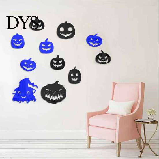 Creative Wall Stickers for Bedroom Decor 11Pcs Halloween Pumpkin Mirror Stickers, Self-Adhesive Acrylic Ghost Decals, DIY Removable Versatile