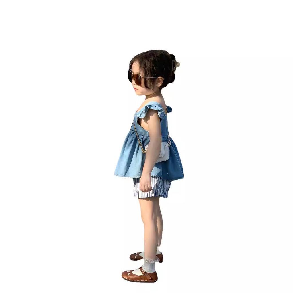 Summer 2024 Denim Vest and Puff Sleeve Camisole Top Set for Girls - Korean Children's Vertical Striped Shorts Collection
