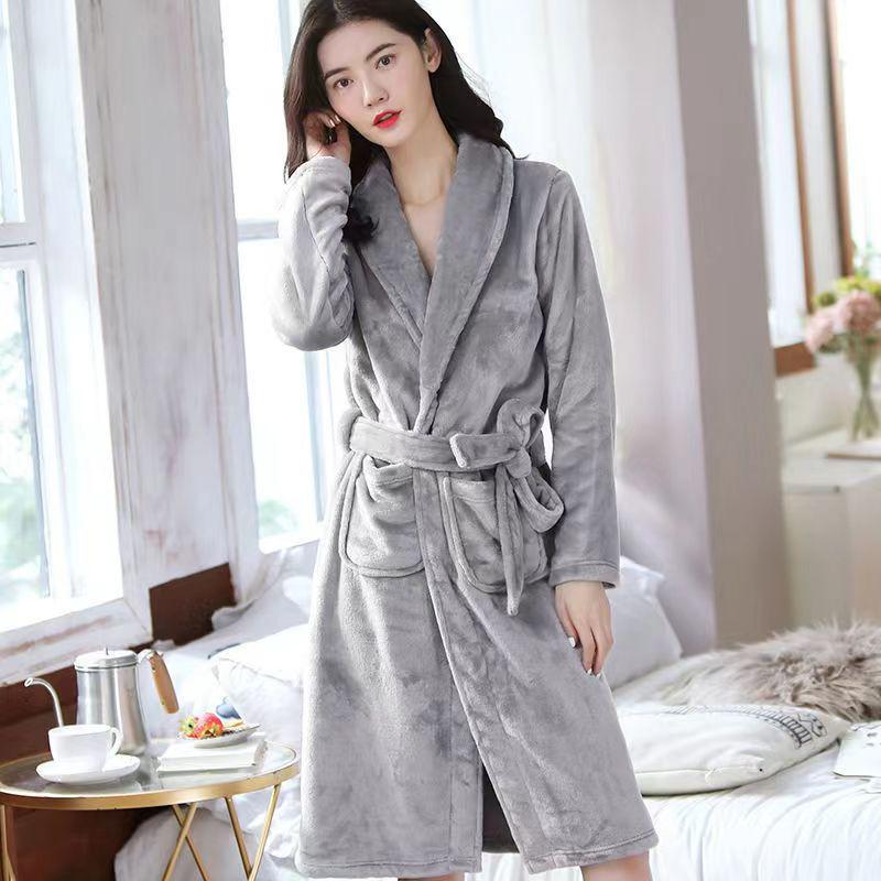 Men's Mid-Length Plush Coral Fleece Flannel Bathrobe for Autumn/Winter