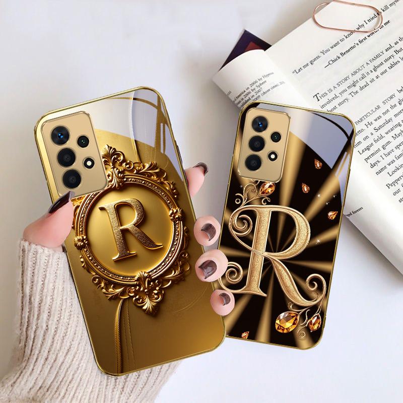 Gorgeous letter gold "R" For Samsung A 01 52S A04 A05S A10 A12 13 22 23 24 36 42 M02 Note 10 20Ultra 8 9 Golden glass phone case