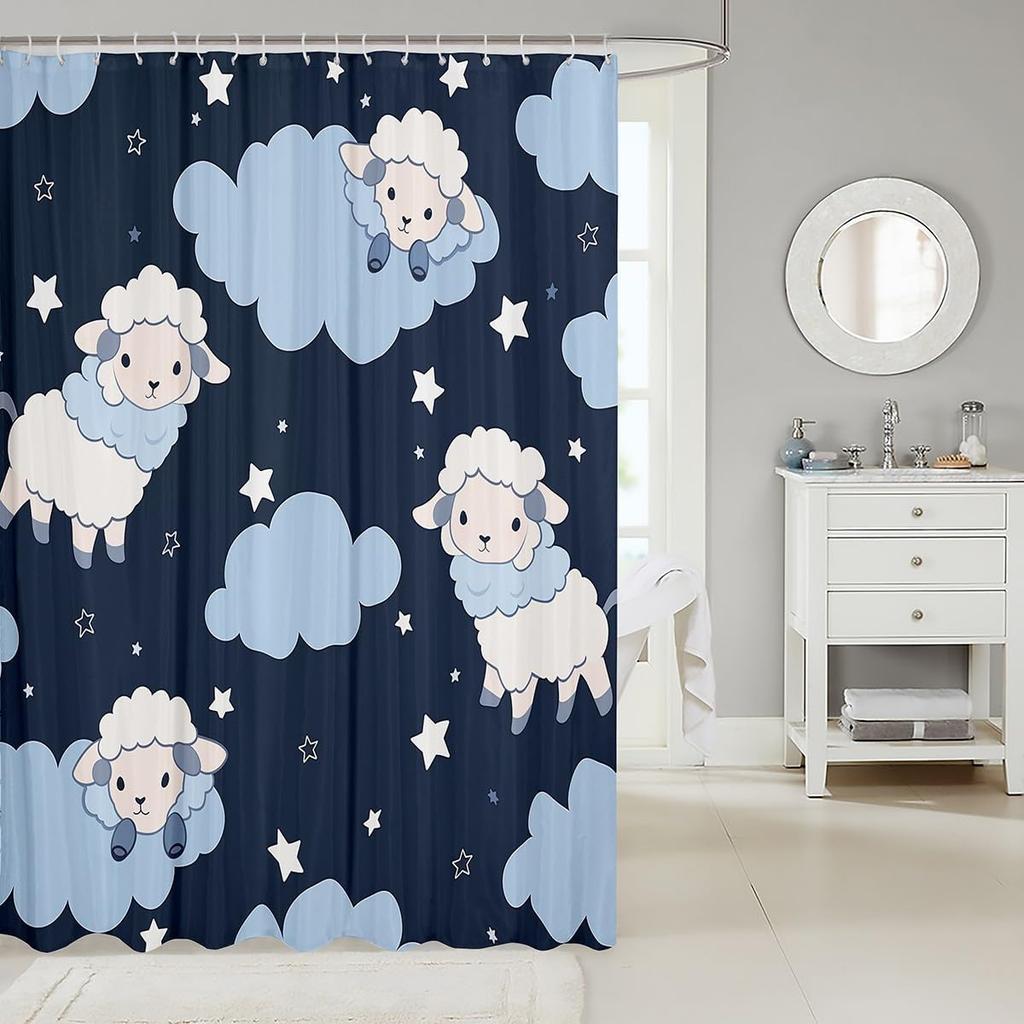 Cute Sheep Shower Curtain Kawaii Animal Waterproof Bathroom Curtain, Glitter Stars Bath Curtain Starry Night Shower Curtain Set