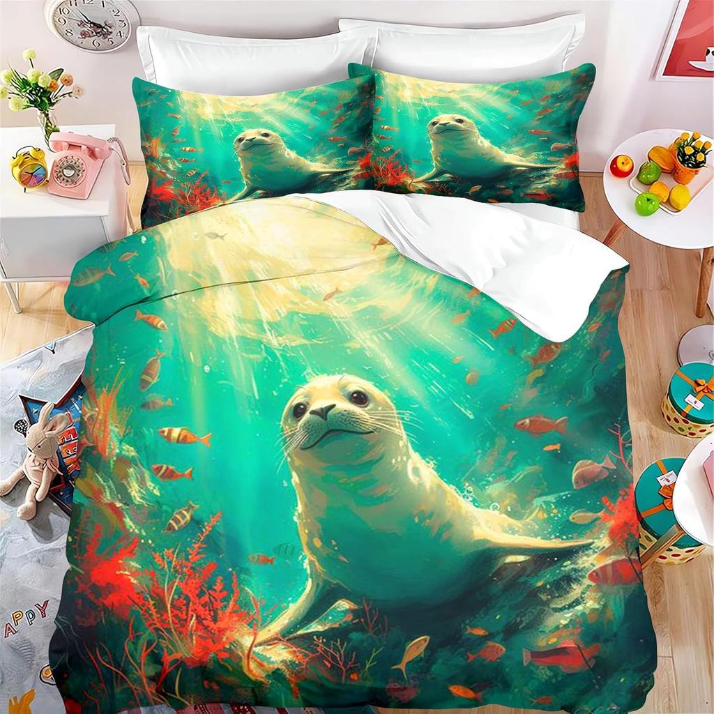 Set de lenjerie de pat cu animale focă pentru copii fete, Set husă de pilotă cu focă de desene animate, Husă de pilotă moale din microfibră cu fețe de pernă 75*50