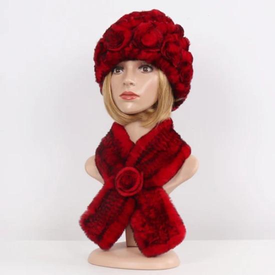 Hot Sale Lady Natural Fur Hats Scarves Sets Women Winter Knit Real Rex Rabbit Fur Hats Muffle 2 Pieces Real Fur Hat Scarf