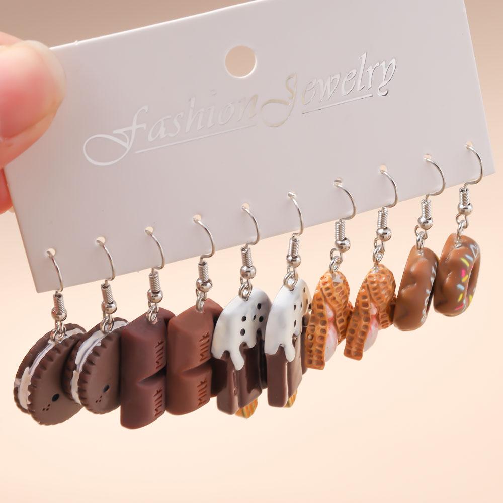5 Pairs Cartoon Ice Cream Cookie Chocolate Donut Earrings for Women Girls 3D Food Dangle Earrings Kids Jewelry Gifts