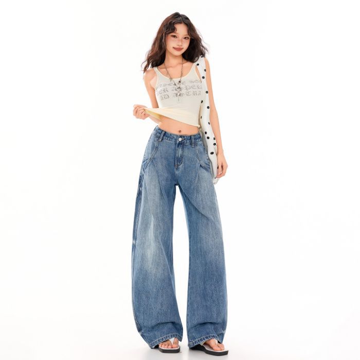 Spring Summer Vintage Street Relaxed Floor Saber Cut Denim Pants For Women Casual Pants Oversize Denim Trousers