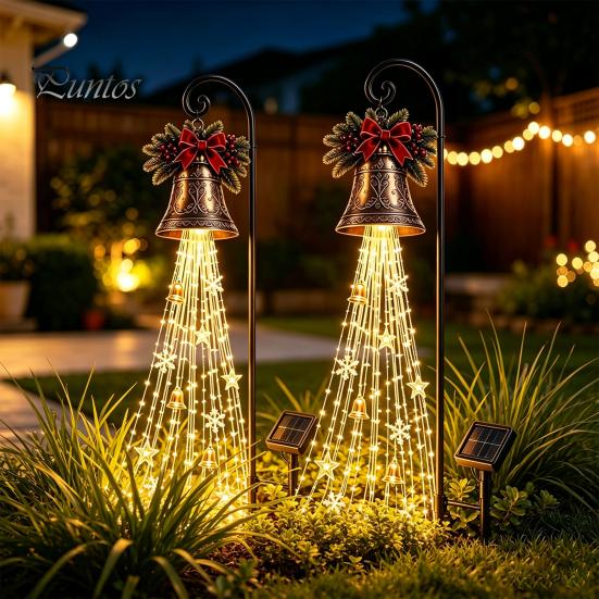 Einfach zu installierende Rasenwegpfähle Solarbetriebene Weihnachts-Gartenleuchte, Metallpfahl für den Außenbereich Festliche Szenendekoration Stern Schneeflocke Wasserfall Lichterkette