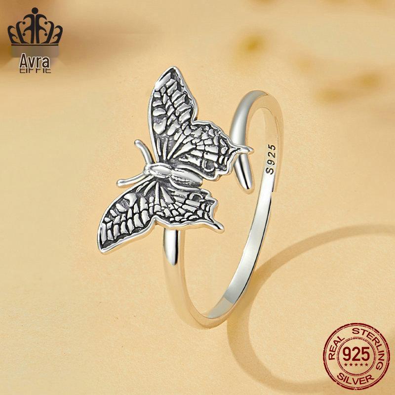 S925 Sterling Silver Butterfly Rose Earrings & Ring Set - Open Ring Design for Women