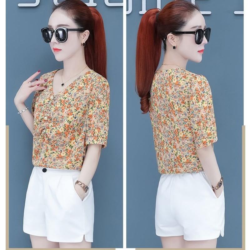 Floral Short Sleeve Chiffon Shirt for Women's Summer New Korean Version Top Loose V Neck Print Bottoming Blouse M-3XL