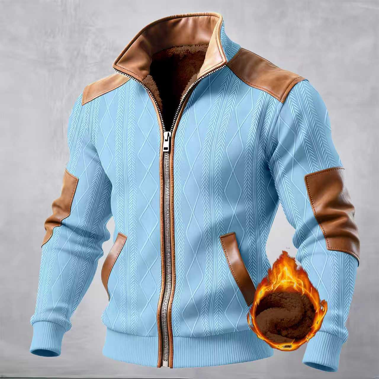 

Men s Winter Color Block Jacquard Cardigan Jacket with Zipper and Velvet Lining 3XL небо синє кольору