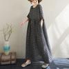 Real Summer New Thin Cotton and Linen Short-sleeved Plaid Simple Bohemian Medium and Long Foreign Trade Dress Women