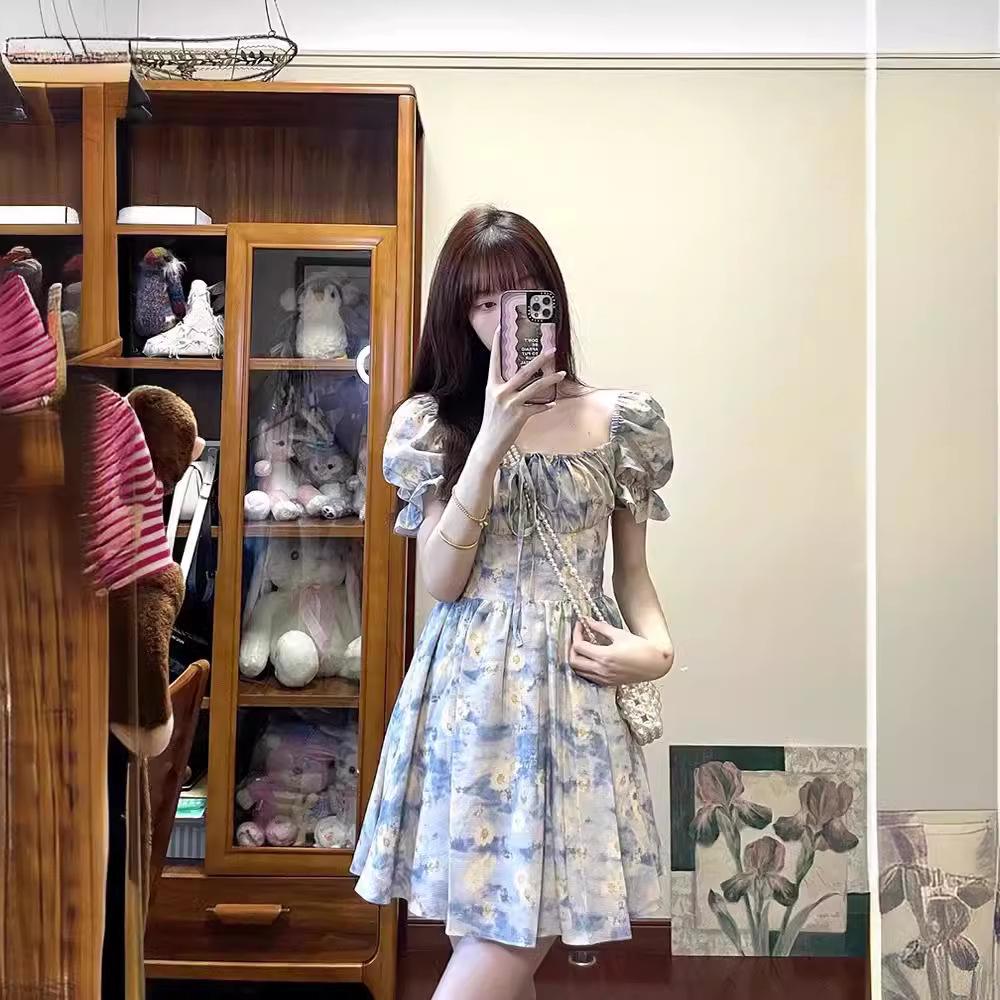 Summer 2024 Floral French Square Neck Puff Sleeve Dress - Women's Short Skirt Trend