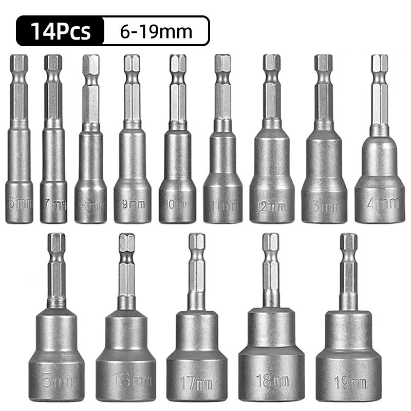 14pcs 6-19MM Hex Socket Sleeve Nozzles Strong Magnetic Nut Driver Set Drill Bit Adapter Wind Approved Sleeve Electric Pipi Tsui