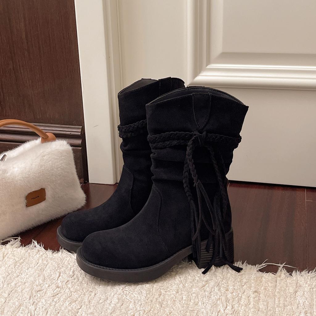 2025 show model brown fringed Martin boots women's retro wasteland wind foreign gas pleated pile boots western knight boots