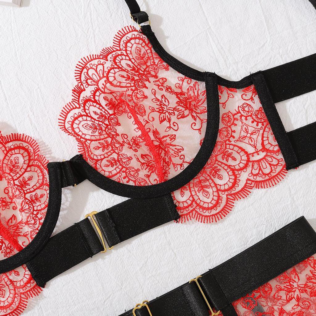 European & American Embroidered Lace High-Quality Erotic Lingerie: Sexy See-through Metal Buckle Body Shaping Front-Opening Set