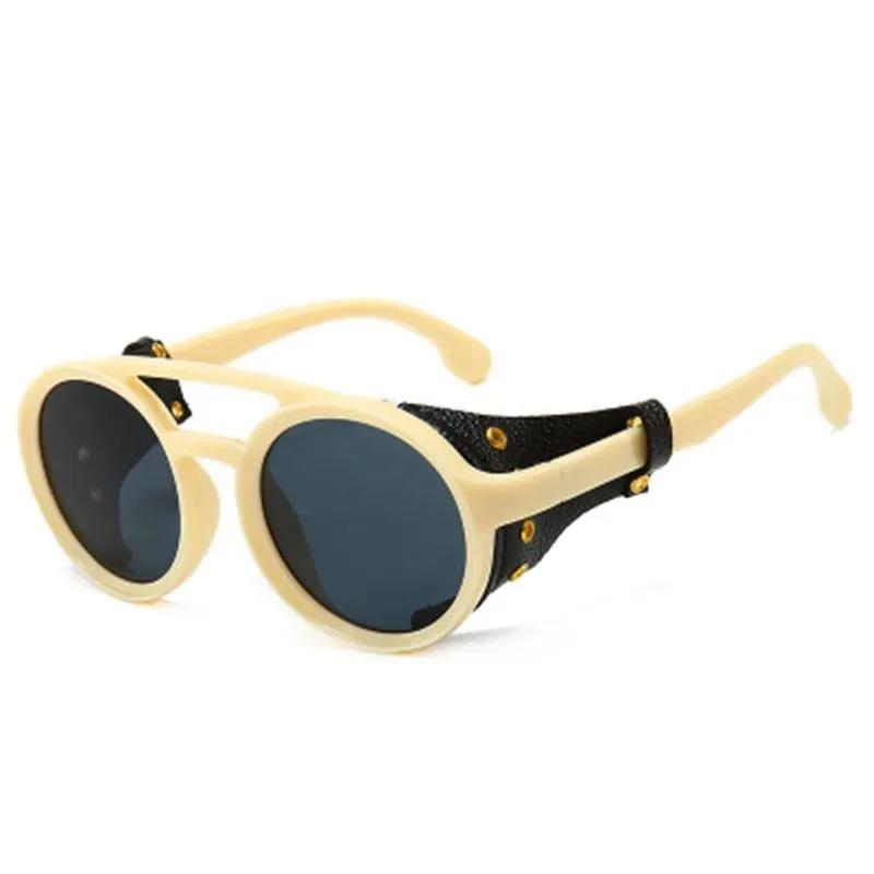Vintage Style Retro Style Sun Glasses with Side Leather Round Eyewears for Mens Womens Cyber Punk Eyeglasses Gothic Steampunk Sun Eyeglasses UV400