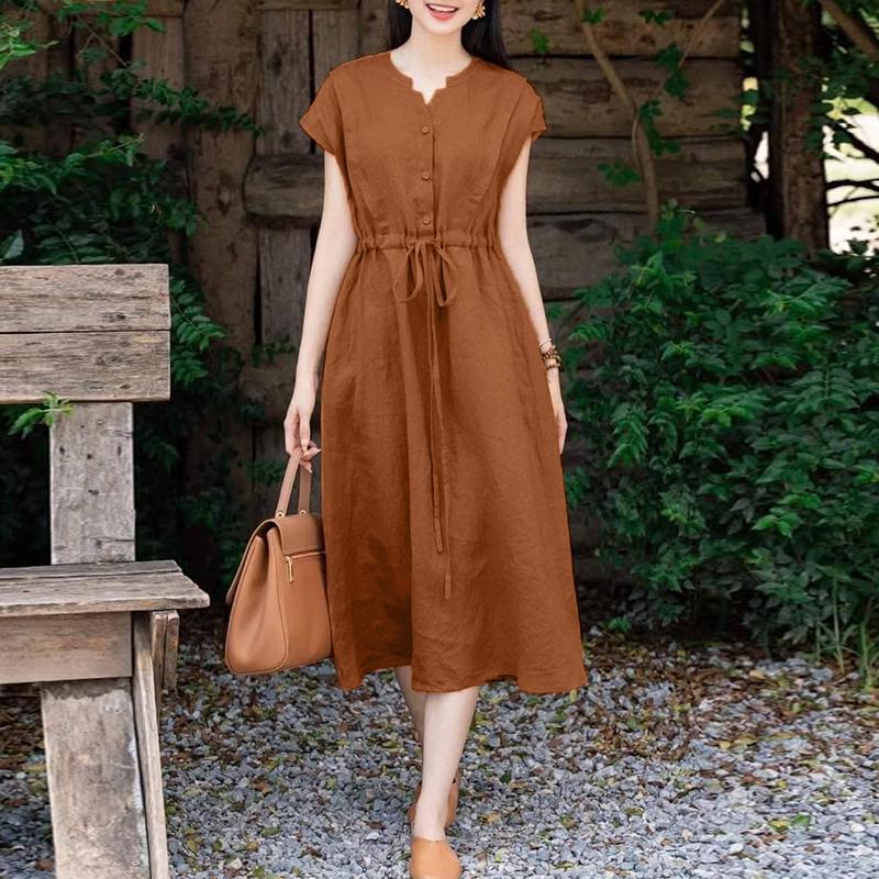 ZANZEA Women Casual V-Neck Solid Color Loose Sleeveless Dress M оранжевый