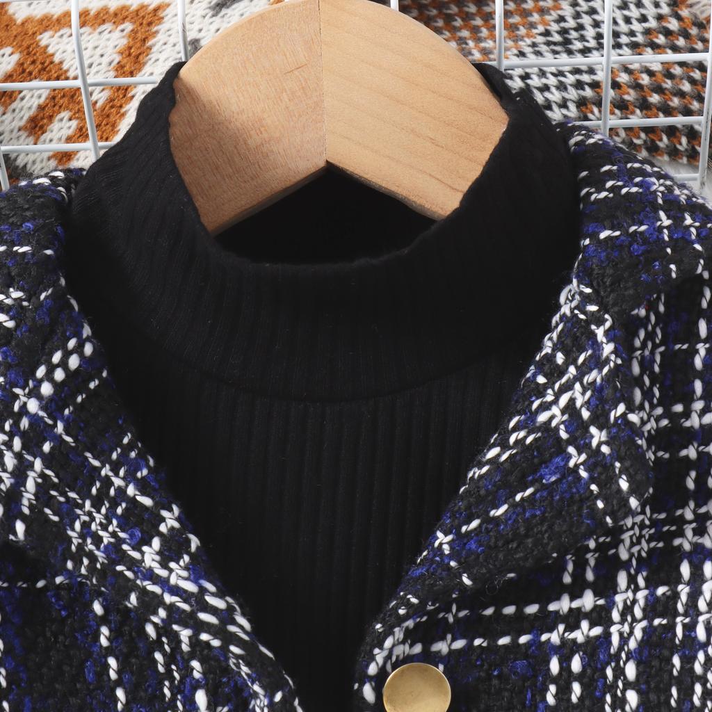 Girls Fashion Suit Autumn and Winter Children's Casual Coat Turtleneck Top Plaid Skirt Hat Suit