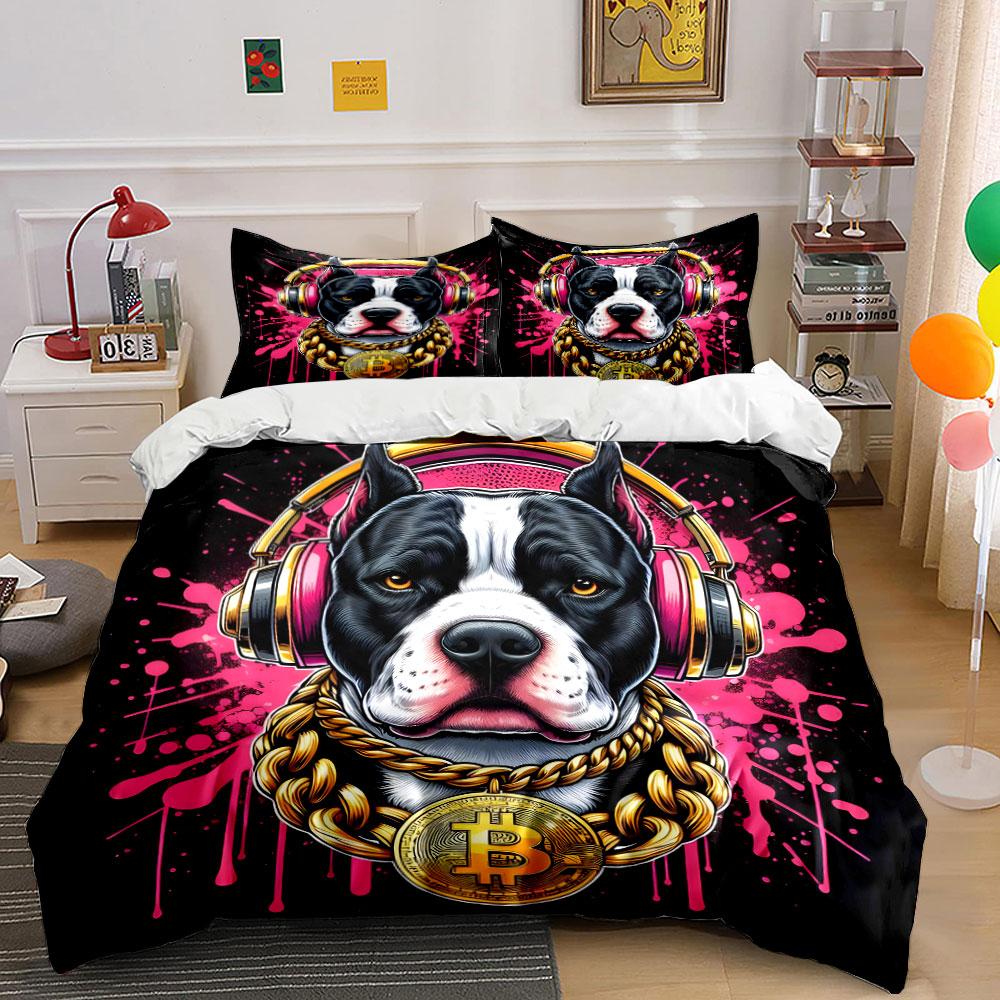 Dog with Headphones and Bitcoin Necklace Bedding Set for Kids Luxury Gift 3pcs Digital Print Comforter Set Soft Comfortable