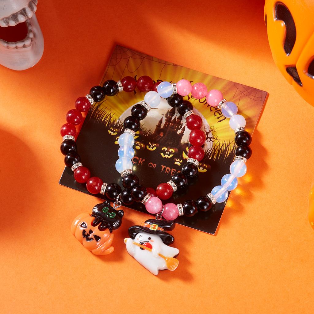 Halloween Ghost Pumpkin Pendant Couple Bracelets for Women Men Handmade Elastic Beaded Witch Anatomy Heart Bracelet Jewelry