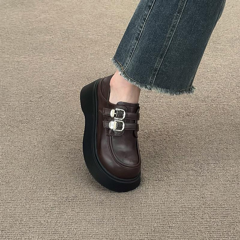 Black British high-heeled platform small leather shoes women's 2025 new summer French versatile retro heightening loafers