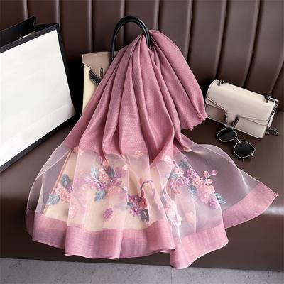 Damen Seidenwollschal Blumenstickerei Hijab Weibliches Foulard Frühling Sommer Dünner Pashmina Schal Wickel Bufanda Kopftuch Stolen