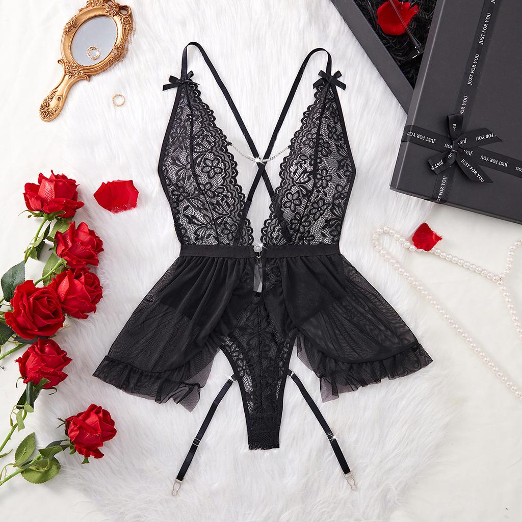 Ruffled Splicing Lace Mesh Chain Sexy Lingerie Transparent Backless Shapewear One-Piece Women's Underwear Sets Erotic Pyjamas