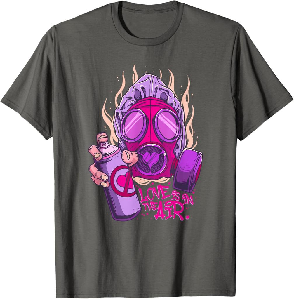 Love Is in the Air Gas Mask Graffiti Graphic Tee Casual Cotton Short Sleeve T-Shirt for Men Women