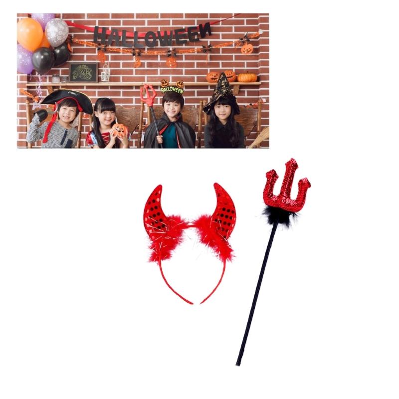 Teufelshörner Stirnband & Teufelsgabel für Halloween-Kostüm Haarreif Party-Requisiten Kopfschmuck Bühnenrequisiten Verkleidungszubehör