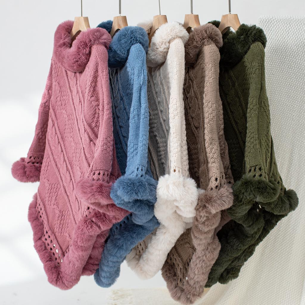 Damen Herbst und Winter Große Größe Einfarbig Zopfstrick Wollkragen Lockerer Pullover Umhang 5 Farben