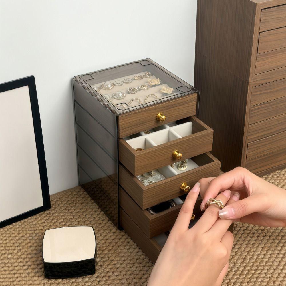 3/5 Layers Wooden Walnut Grain Jewelry Box Large Capacity Desktop Storage Case  Makeup Desktop