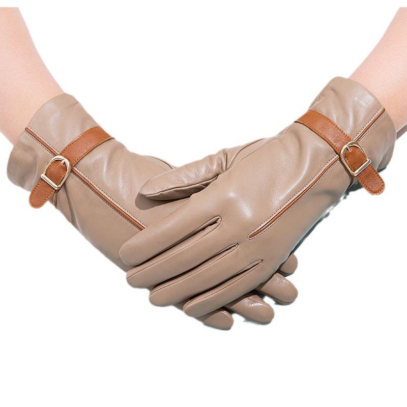 Fashionable Sheepskin Colored Genuine Leather Gloves for Women with Touch Screens  Warm and Fleece Clothing Gloves for Driving In Autumn and Winter