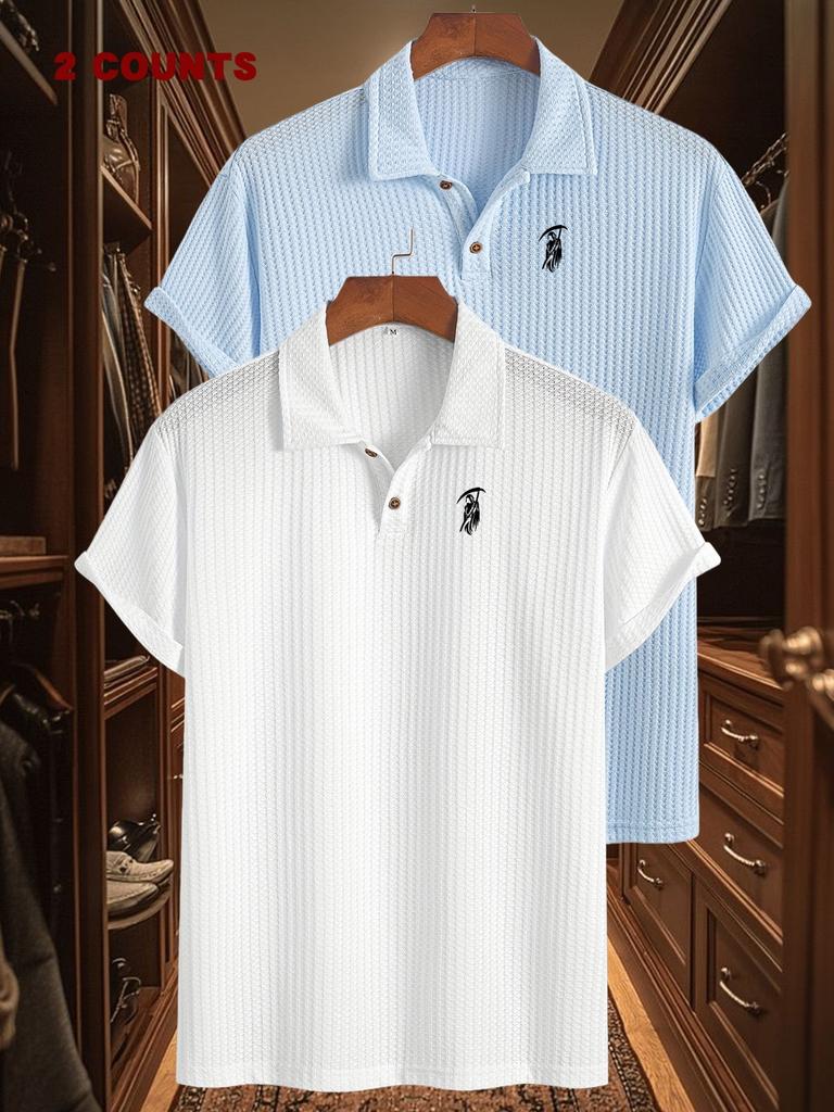 2pcs Men's Work T Shirts Graphic Print - Short Sleeve Golf Polo Shirts | Casual Comfortable Soft Knit Lapel Collar, Ideal for Daily Business Wear