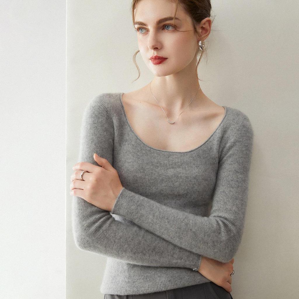 Women's Slim-Fit U-Neck 100% Cashmere Sweater - Low Round Neck Knit Base Layer