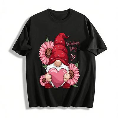 Valentine's Day Gnome Heart Print Casual Top Pure Cotton T-shirt