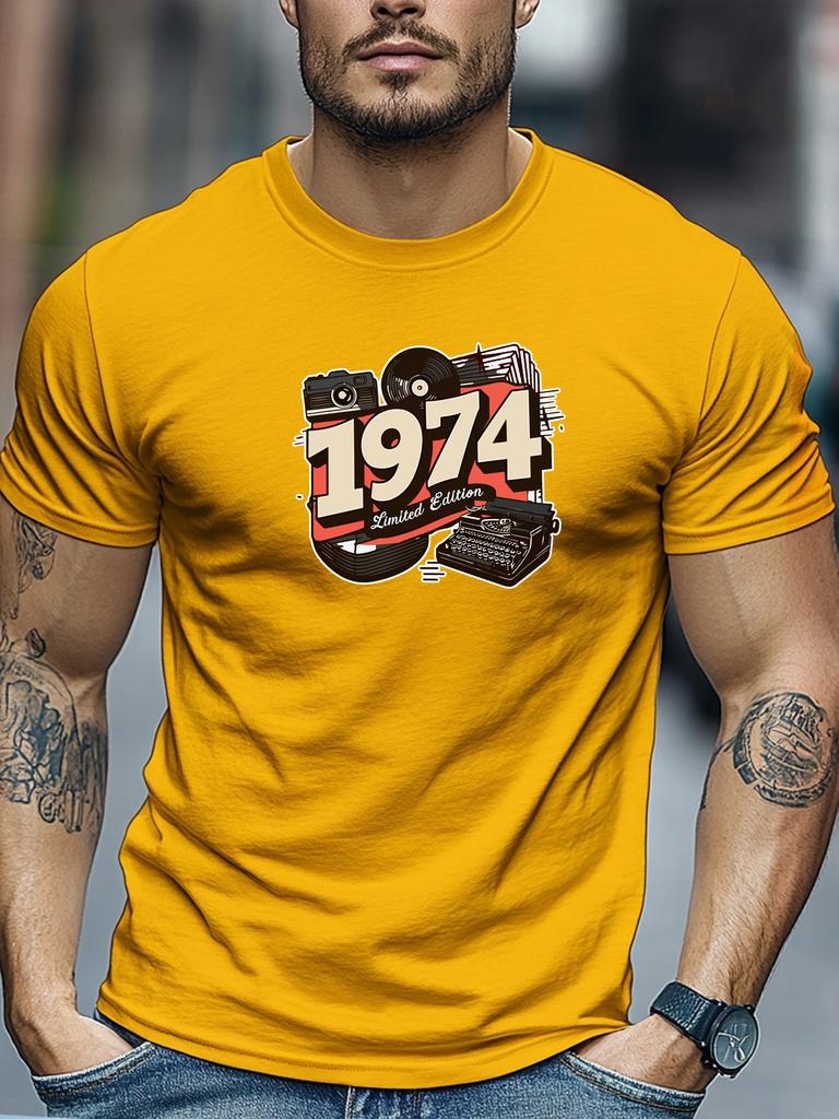 Mens Retro TShirt 1974 Limited Edition Vintage Print Short Sleeve Round Neck Breathable Nostalgic Daily Wear TShirt