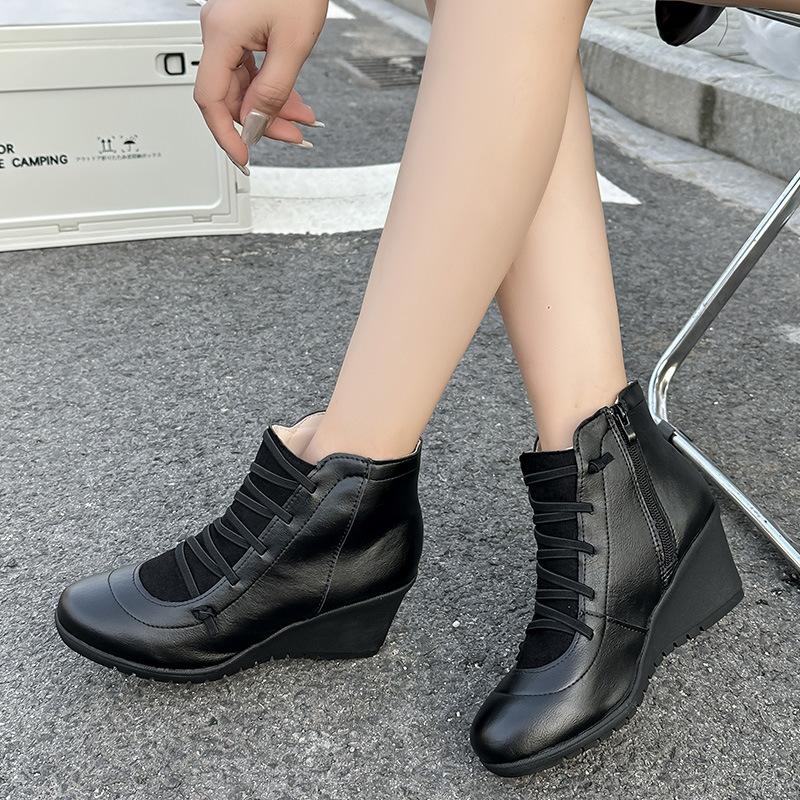 Women's Retro Chunky Heel Ankle Boots Side Zipper Slip On Platform Shoes Plus Size