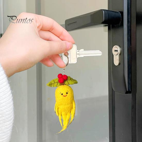 Wool Felt Keychain Ginseng Handmade Fruit Bag Charm with Health Blessing Leaves Soft Fluffy Pendant for Wallet Backpack Handbag Automobile Accessory