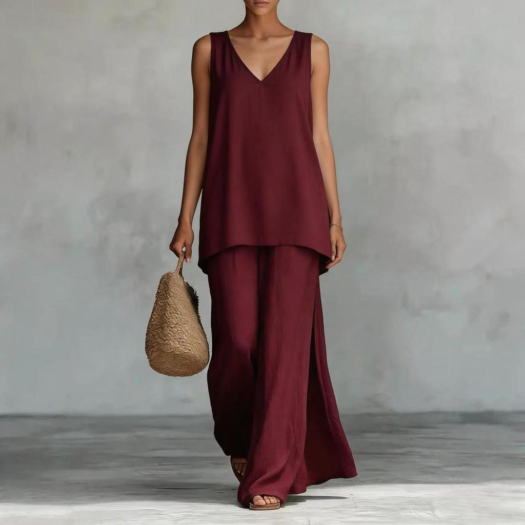 Women's Bohemian Wide Leg Pants and V Neck Cami Top Set - Flowy Summer Outfit