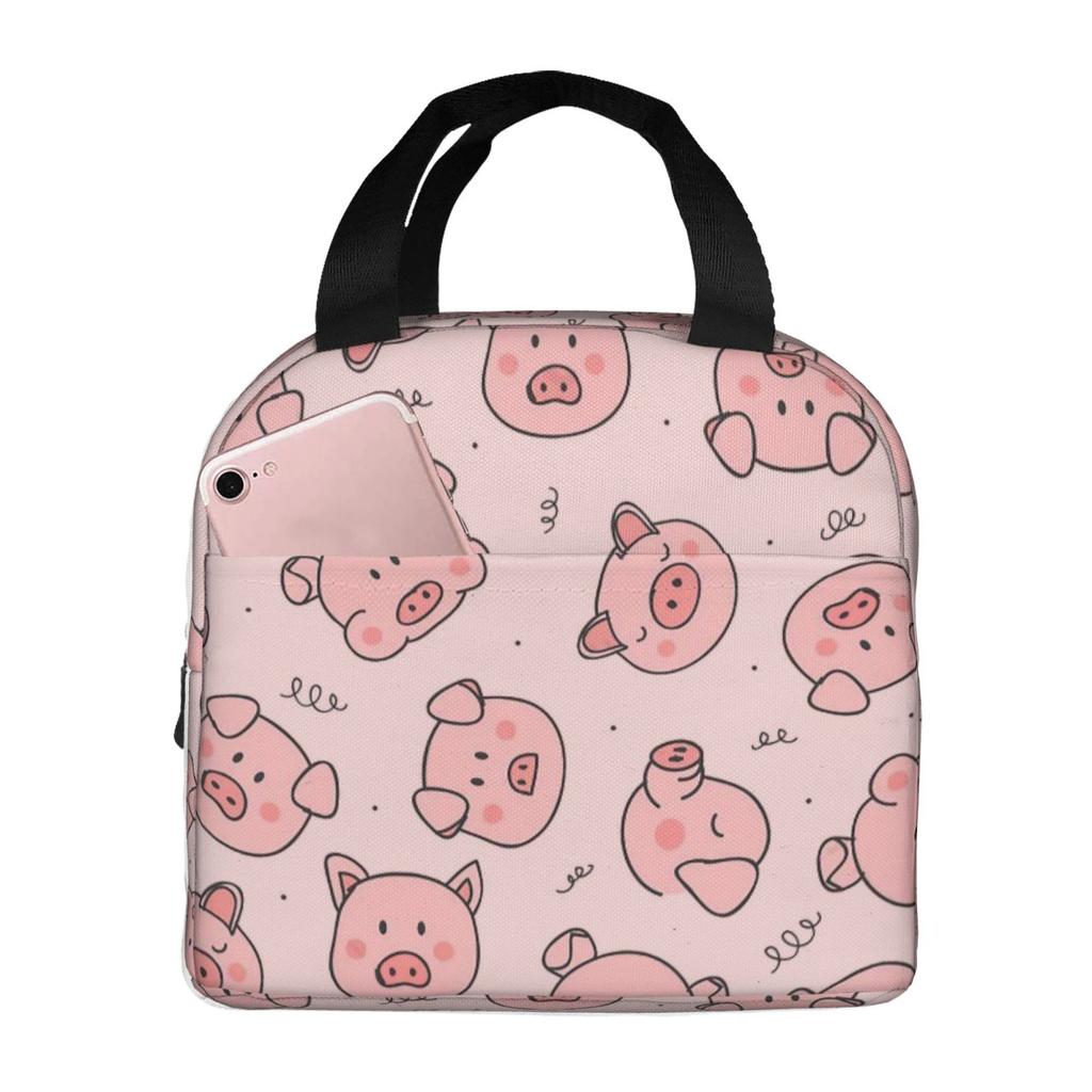 Cartoon Cute Pink Pig Pattern Lunch Bags Insulated Bento Box Lunch Tote Leakproof Picnic Bags Thermal Bag for Woman Girl School