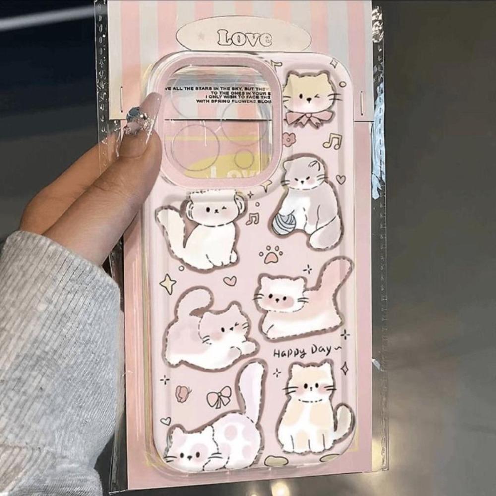 White Cartoon Cat Phone Case IPhone 16 Pro Max 14 15 16 Plus 13 14 12 11 Pro Max Transparent Shockproof Mobile Phone Case